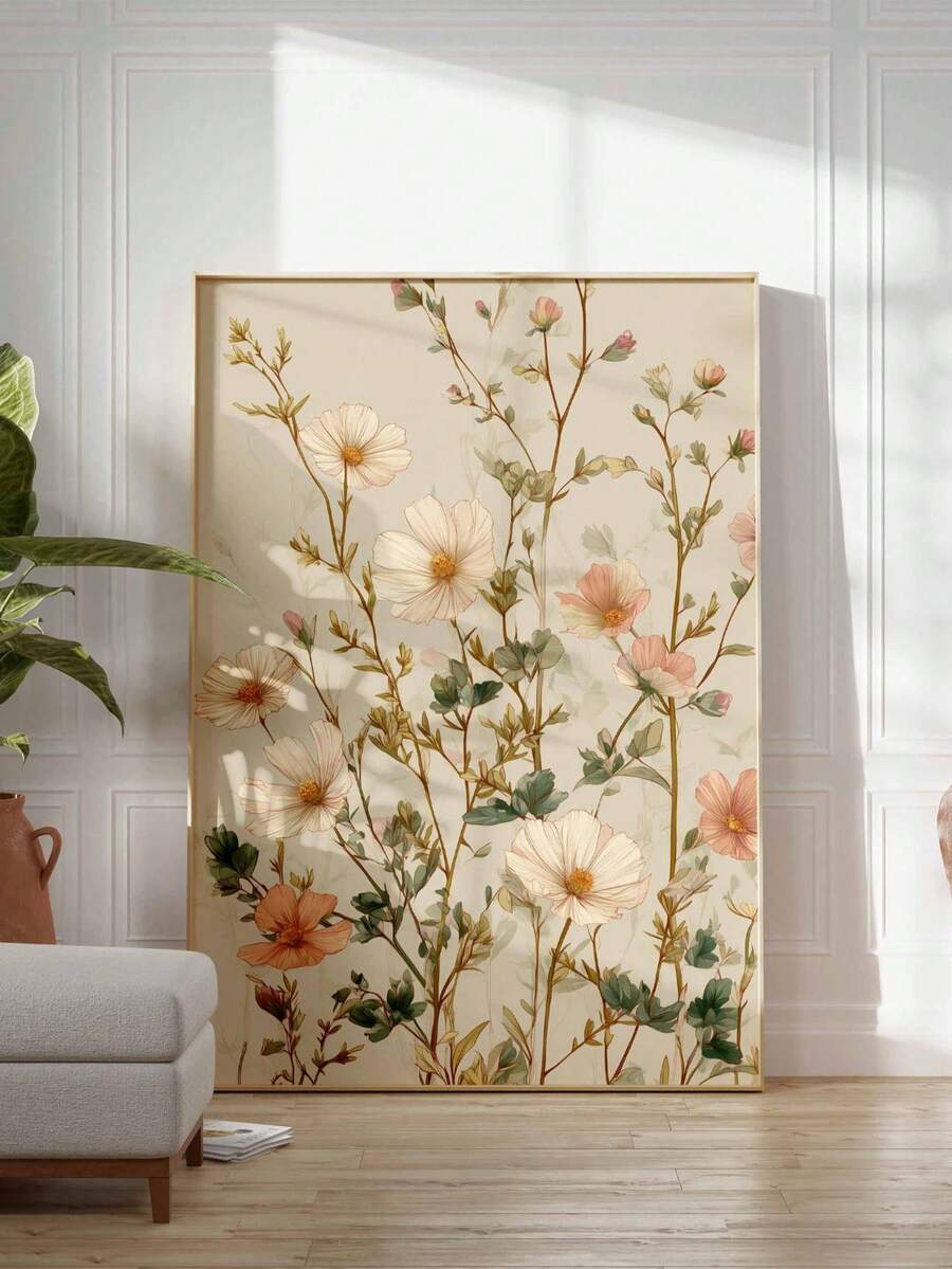 Framed botanical wildflower wall art with blush and ivory flowers sage leaves and cream background