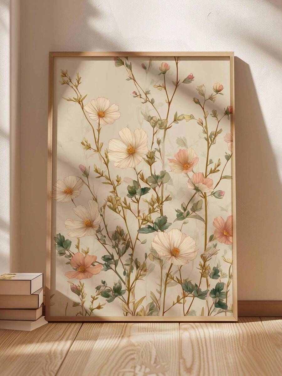Framed botanical wildflower wall art with blush and ivory flowers sage leaves and cream background