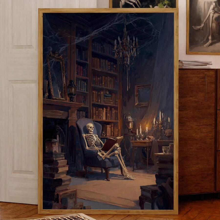Skeleton reading book in candlelit abandoned library