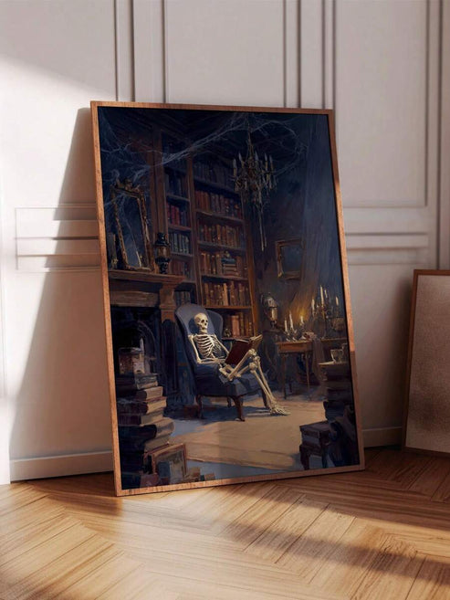 Skeleton reading in abandoned library Dark Academia canvas wall art