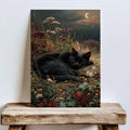 Dark floral black cat poster with crescent moon