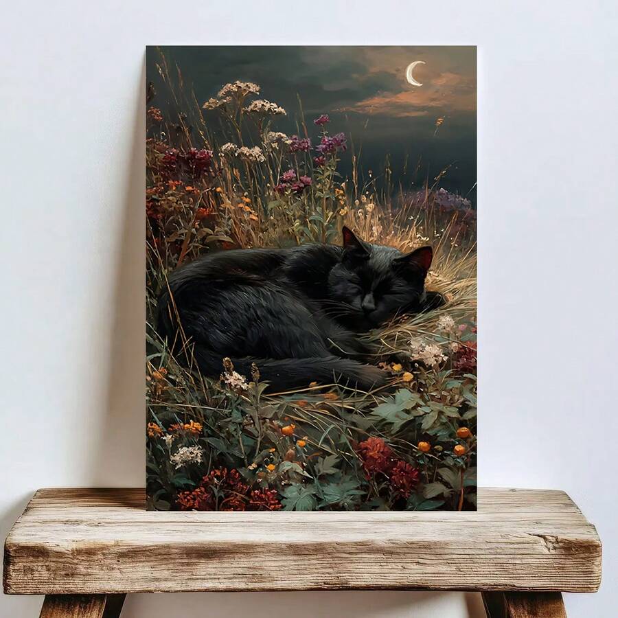 Dark floral black cat poster with crescent moon