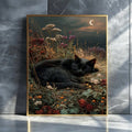 Witchy black cat canvas print with moody flowers and night sky