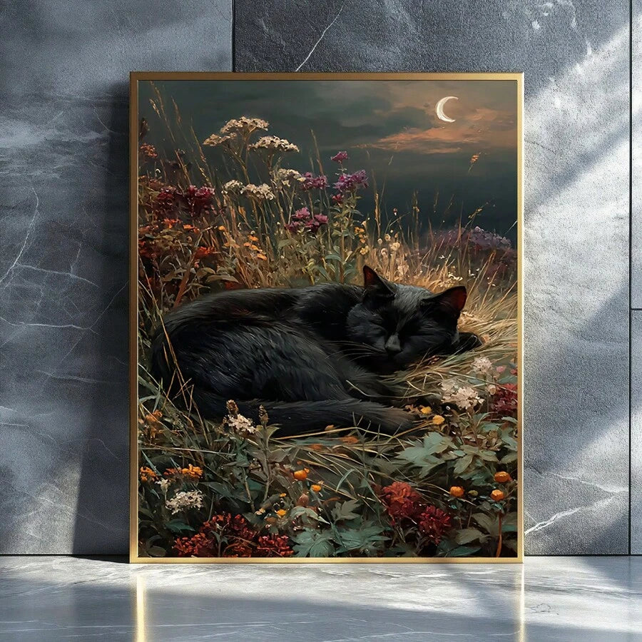 Witchy black cat canvas print with moody flowers and night sky