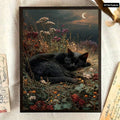 Sleeping black cat in moonlit wildflower field gothic wall art