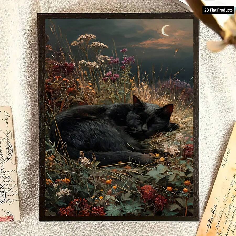 Sleeping black cat in moonlit wildflower field gothic wall art
