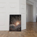 room mockup view of Celestial wall art print showing a radiant sun over stylized ocean waves with stars, cosmic sky, black gold tones and vintage mystical linework.