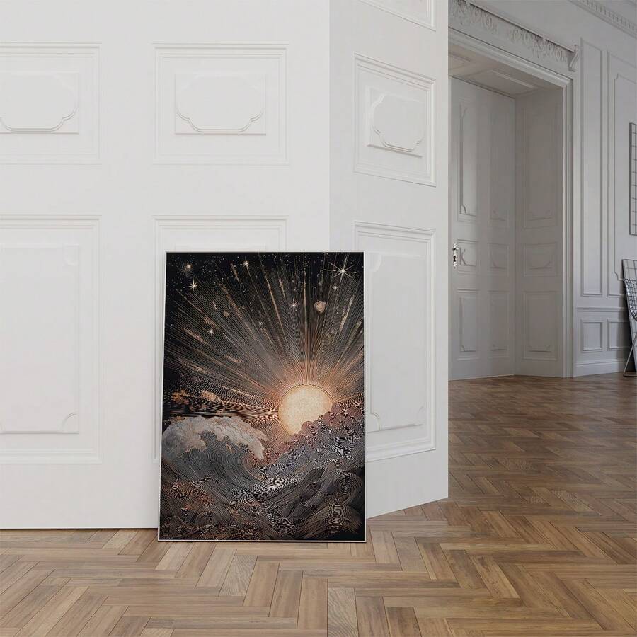 room mockup view of Celestial wall art print showing a radiant sun over stylized ocean waves with stars, cosmic sky, black gold tones and vintage mystical linework.