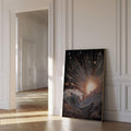 canvas option view of Celestial wall art print showing a radiant sun over stylized ocean waves with stars, cosmic sky, black gold tones and vintage mystical linework.