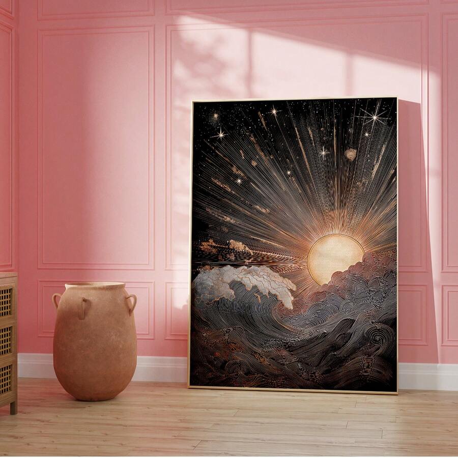 front framed view of Celestial wall art print showing a radiant sun over stylized ocean waves with stars, cosmic sky, black gold tones and vintage mystical linework.