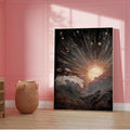 front framed view of Celestial wall art print showing a radiant sun over stylized ocean waves with stars, cosmic sky, black gold tones and vintage mystical linework.