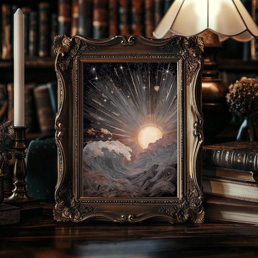 close-up artwork detail of Celestial wall art print showing a radiant sun over stylized ocean waves with stars, cosmic sky, black gold tones and vintage mystical linework.