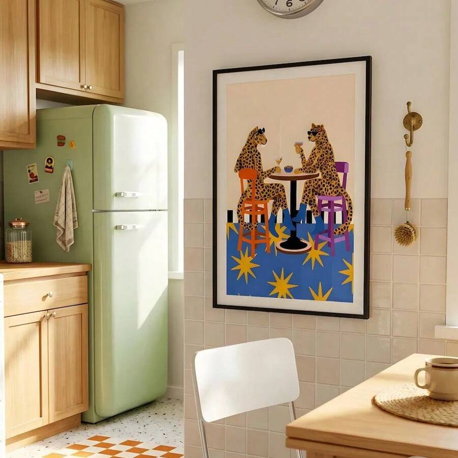 Playful home bar poster with spotted big cats and yellow starbursts
