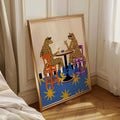 Colorful leopard cocktail print with orange and purple chairs on blue floor