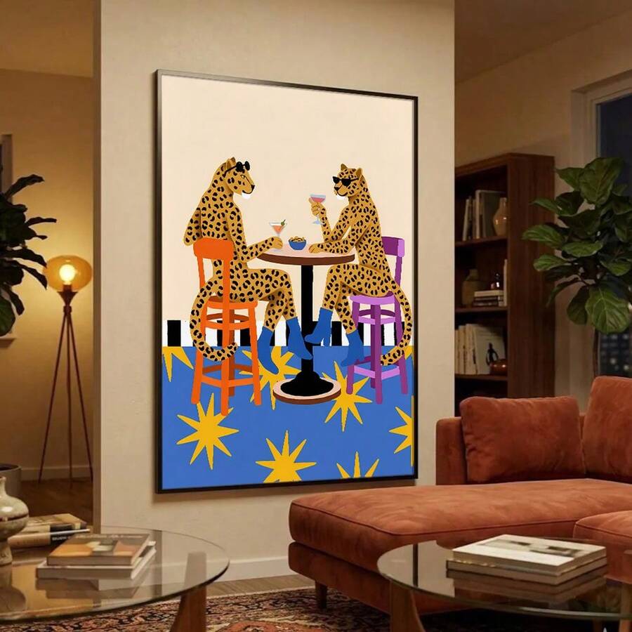 Retro animal bar wall art with cheetah like cats and martini glasses