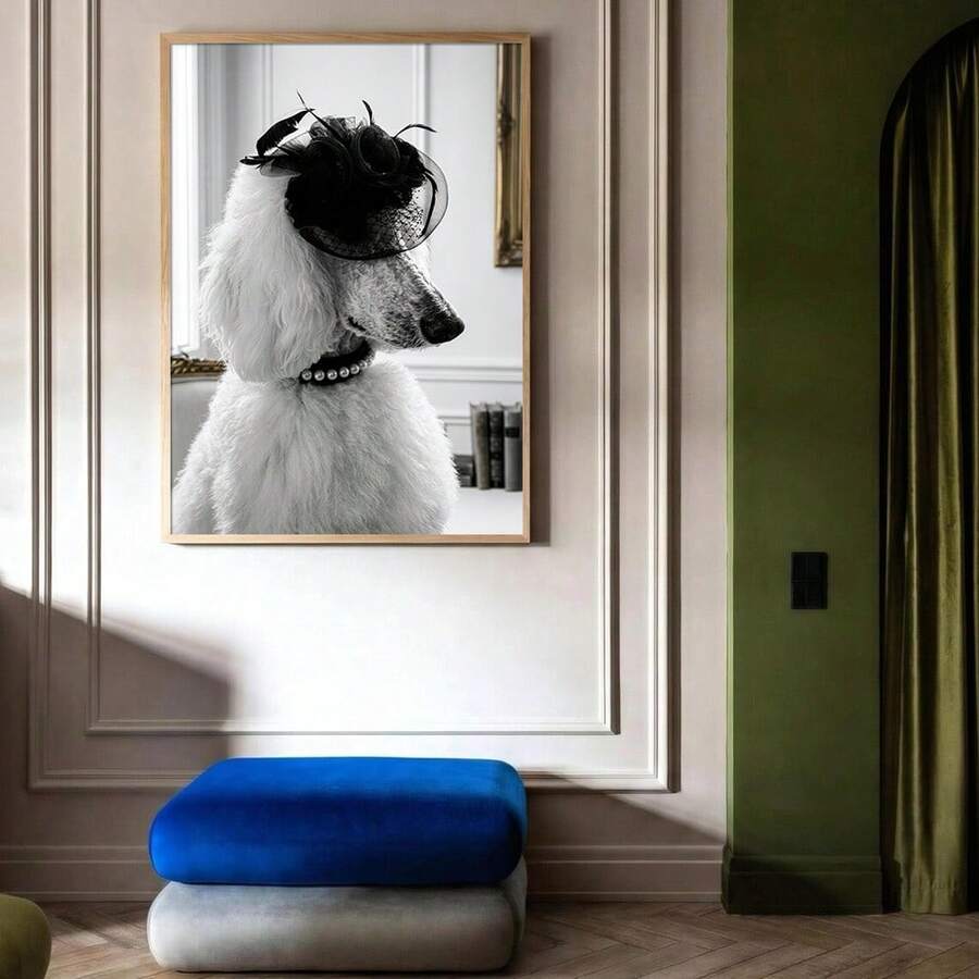 Elegant poodle wall art print with white dog profile pearls and Parisian fashion style