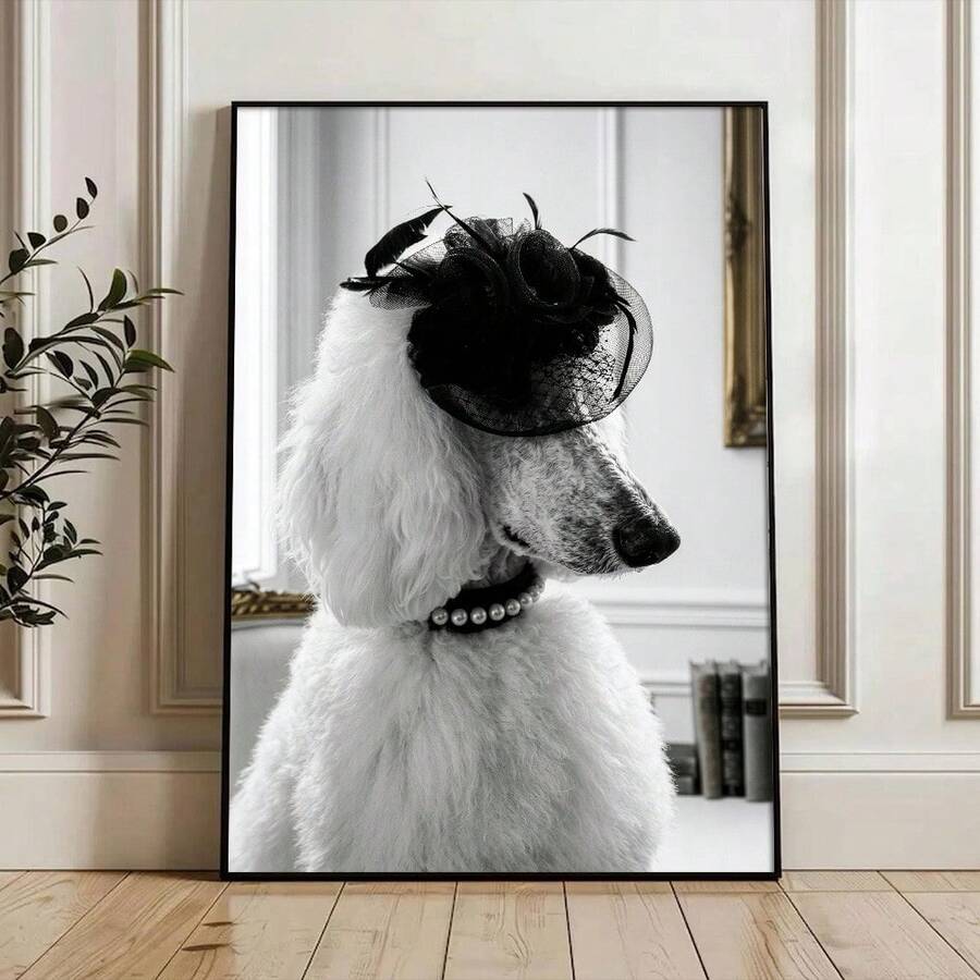 Luxury fashion poodle canvas wall art in black white beige and framed display