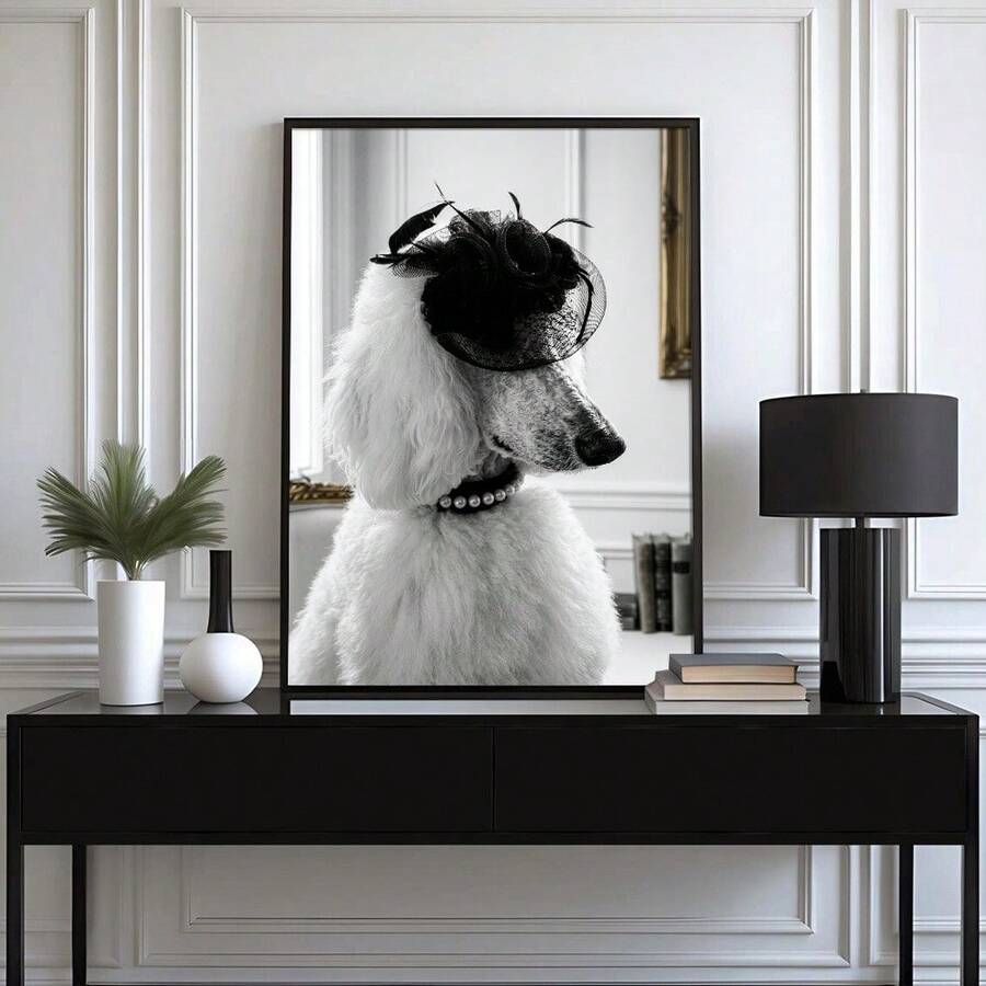 Black and white poodle portrait wearing black fascinator hat and pearl collar as framed chic dog wall art