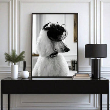 Black and white poodle portrait wearing black fascinator hat and pearl collar as framed chic dog wall art