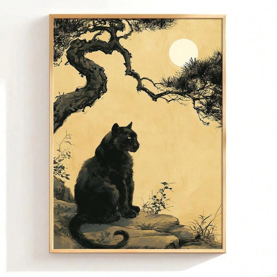 Black cat canvas print shown in natural wood frame with Japandi Zen style