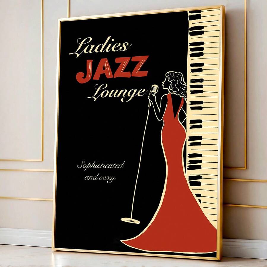 Aesthetic jazz lounge canvas print with red dress woman singer and vintage music club mood