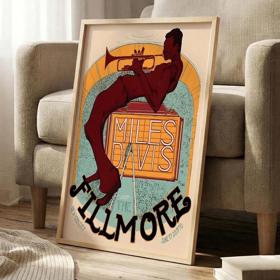 Miles Davis jazz wall art floor leaning mockup with Fillmore concert typography