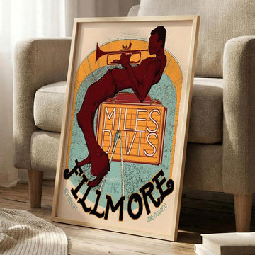 Miles Davis jazz wall art floor leaning mockup with Fillmore concert typography
