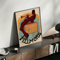 Music wall decor console shelf mockup with Miles Davis trumpet artwork and wood frame