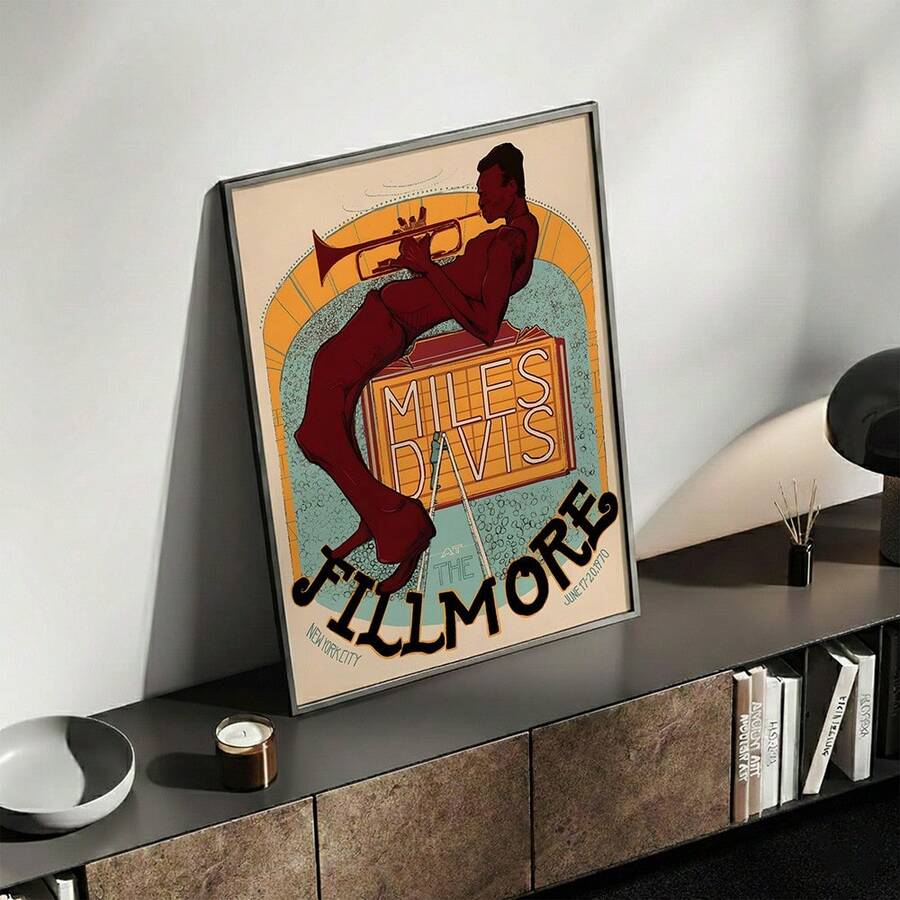 Music wall decor console shelf mockup with Miles Davis trumpet artwork and wood frame