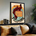 Retro music print couch area mockup with framed Miles Davis Fillmore poster
