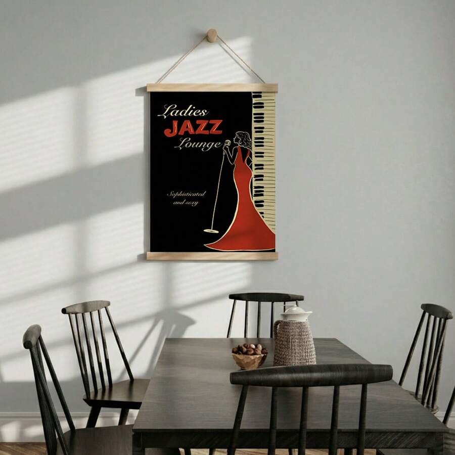 Aesthetic jazz lounge canvas print with red dress woman singer and vintage music club mood