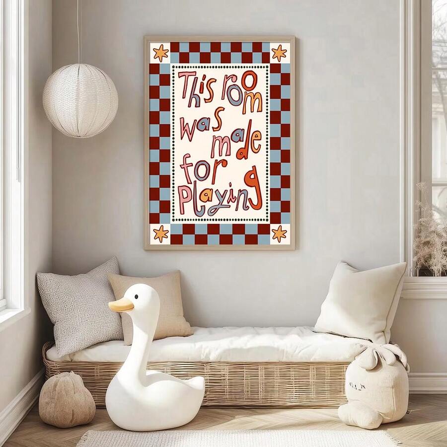 Playroom wall art with this room was made for playing quote in red lettering and checker border