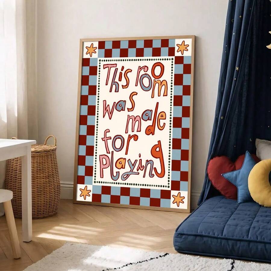 Playroom wall art with this room was made for playing quote in red lettering and checker border