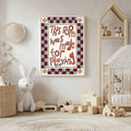 Nursery wall decor floor leaning display with cream background red letters and orange icons