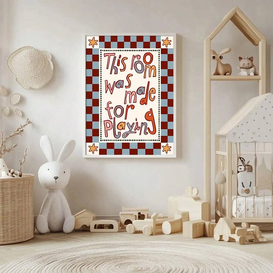 Nursery wall decor floor leaning display with cream background red letters and orange icons