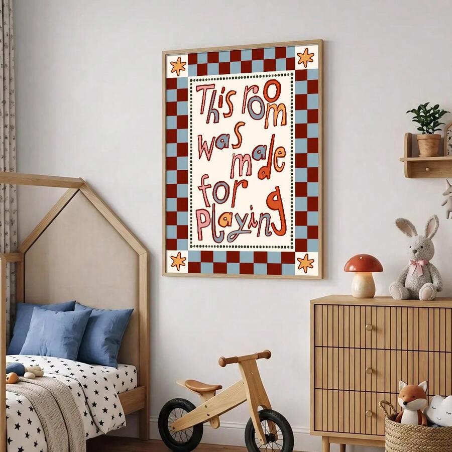 Whimsical playroom quote wall art scale mockup with checker border and child friendly style