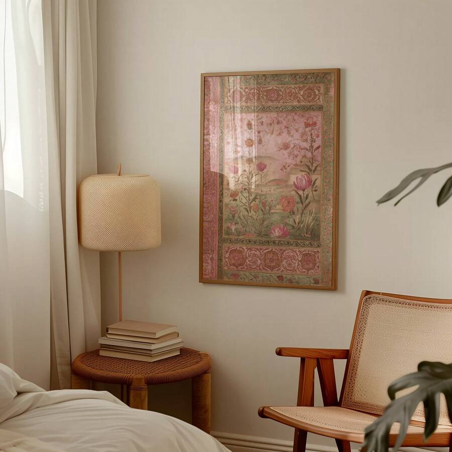 Persian botanical poster above bedside table