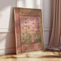 Vintage Persian floral canvas beside curtain