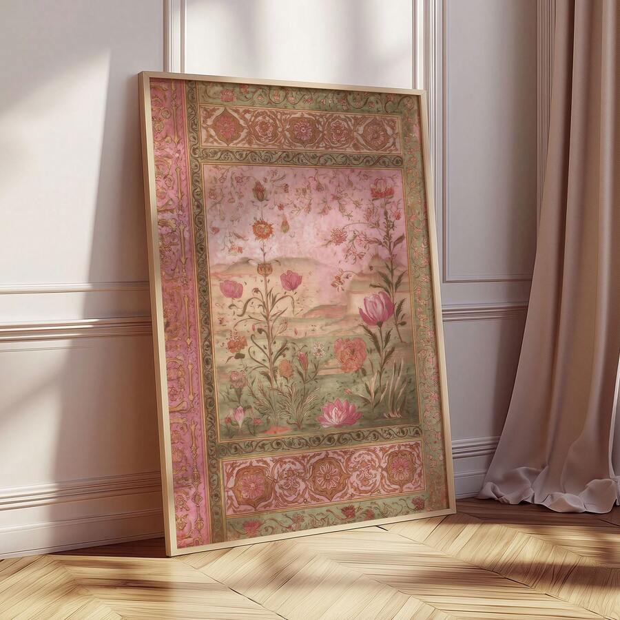 Vintage Persian floral canvas beside curtain