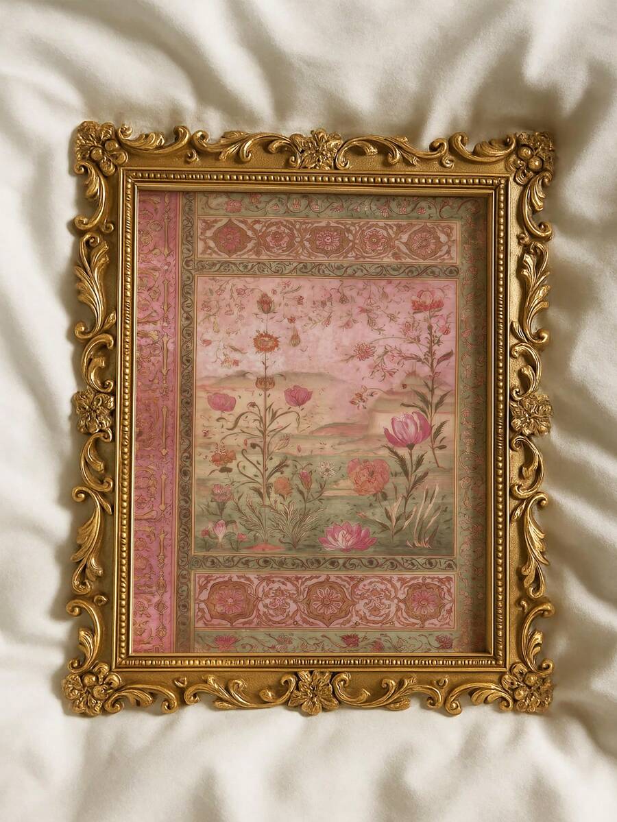 Vintage Persian flower poster in ornate gold frame
