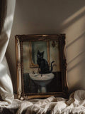 Painterly black cat bathroom wall art with brass taps