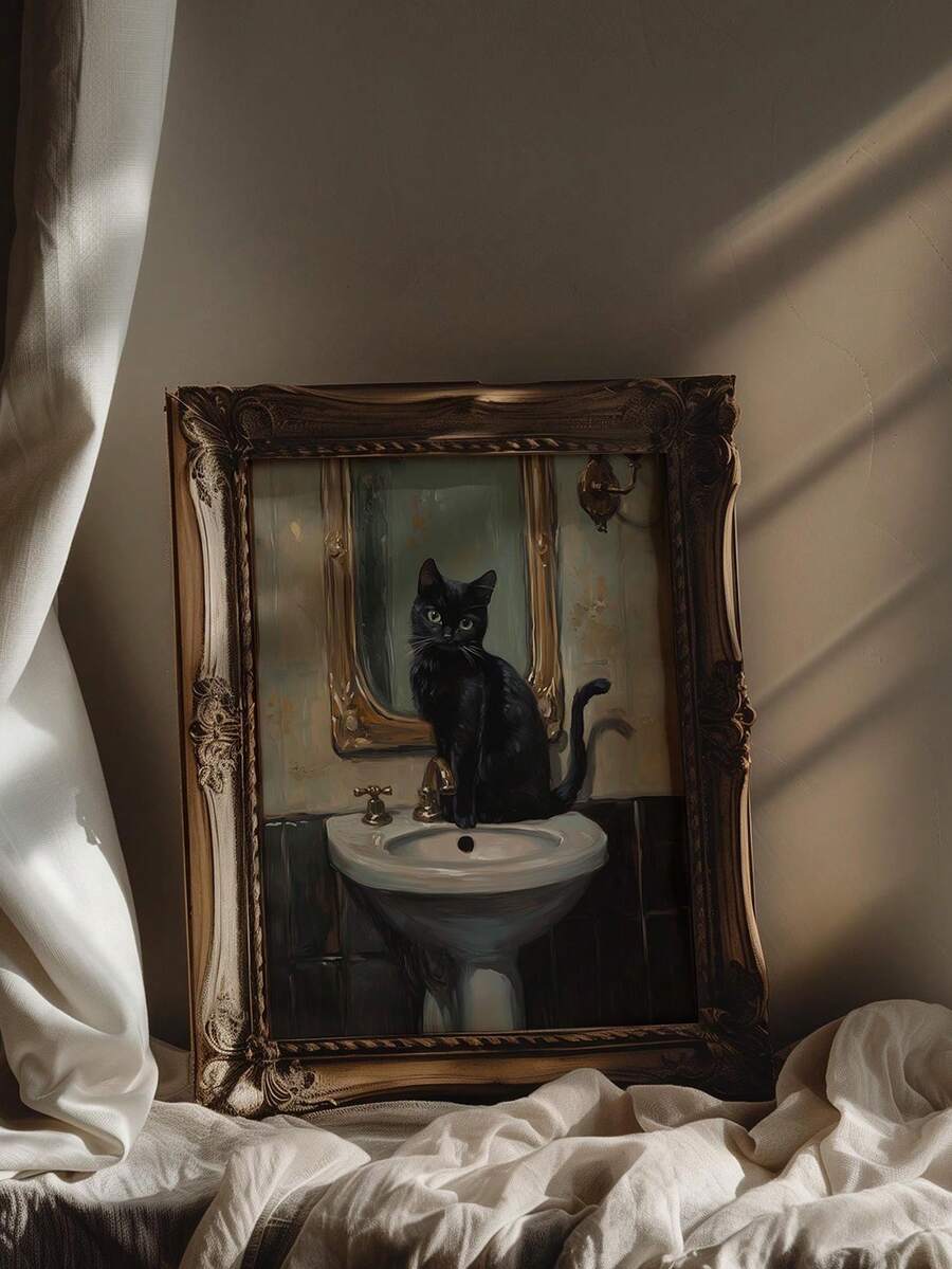 Painterly black cat bathroom wall art with brass taps