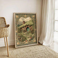 Storybook forest landscape poster with floral border and stone path