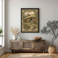 Fantasy cottage print with green door grassy roof and mountain backdrop
