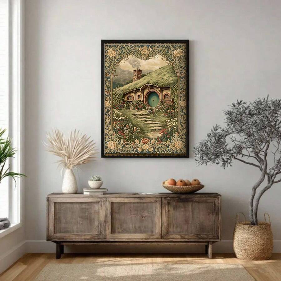 Fantasy cottage print with green door grassy roof and mountain backdrop