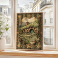 Vintage cottagecore poster showing round-door hillside cottage with flower garden and ornate floral border