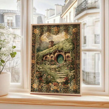 Vintage cottagecore poster showing round-door hillside cottage with flower garden and ornate floral border