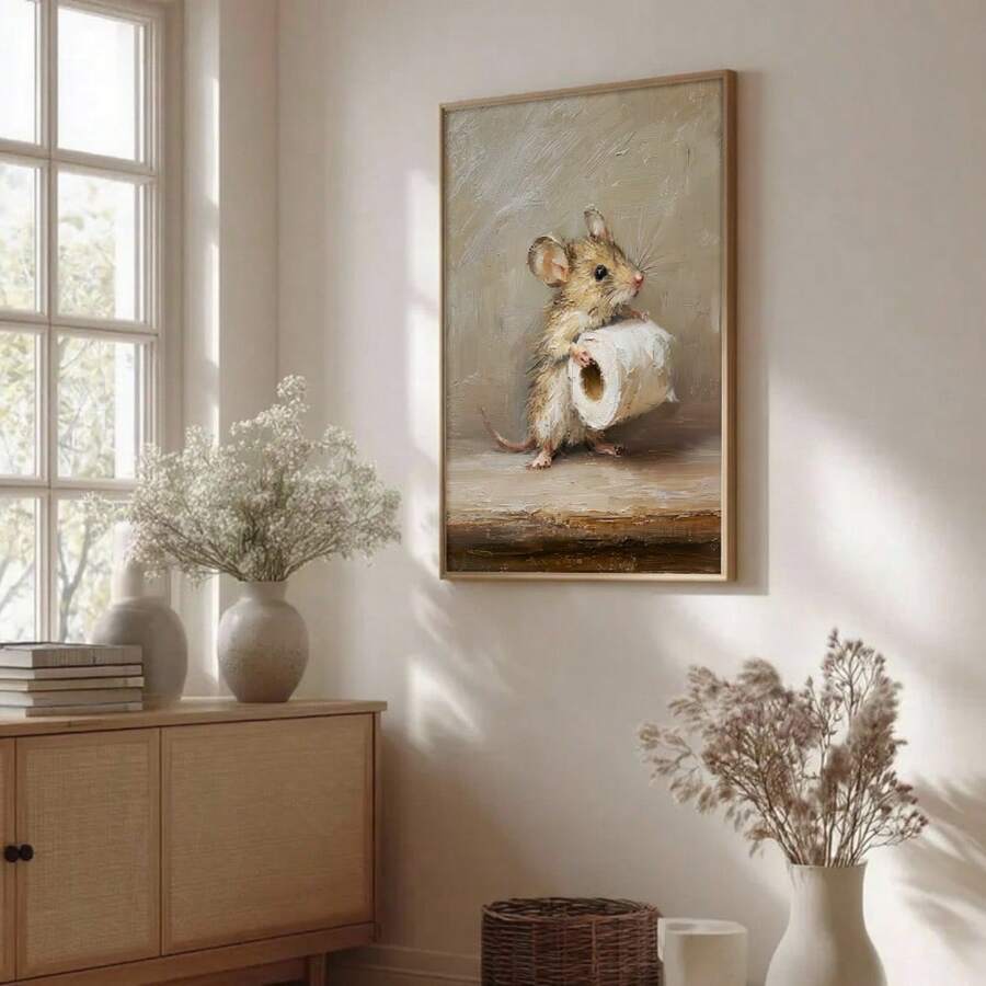 Framed mouse holding toilet paper poster leaning on floor in neutral room