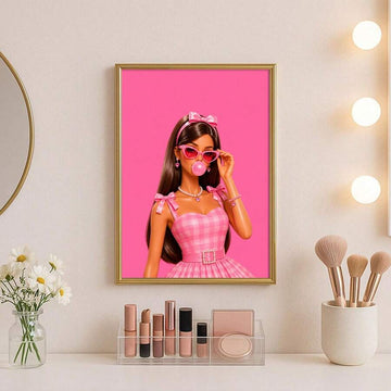 Pink wall art vanity table mockup with bubblegum doll sunglasses gingham dress and gold frame