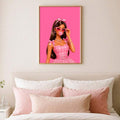 Y2K poster bedroom wall display with pink fashion doll illustration and hot pink background